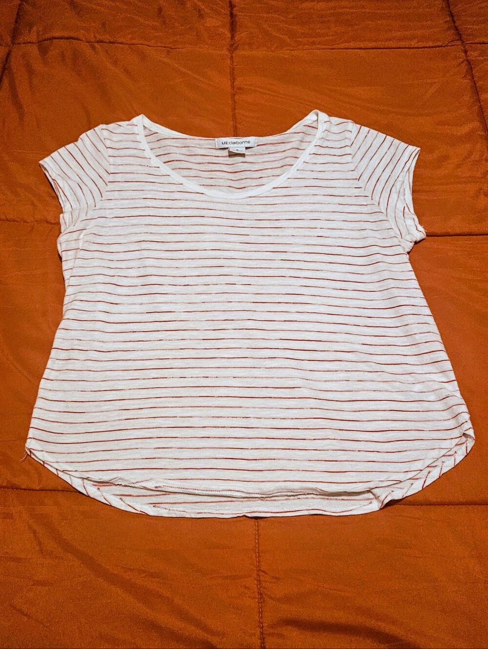 Liz Claiborne White & Red Striped Cotton Tee | Size M